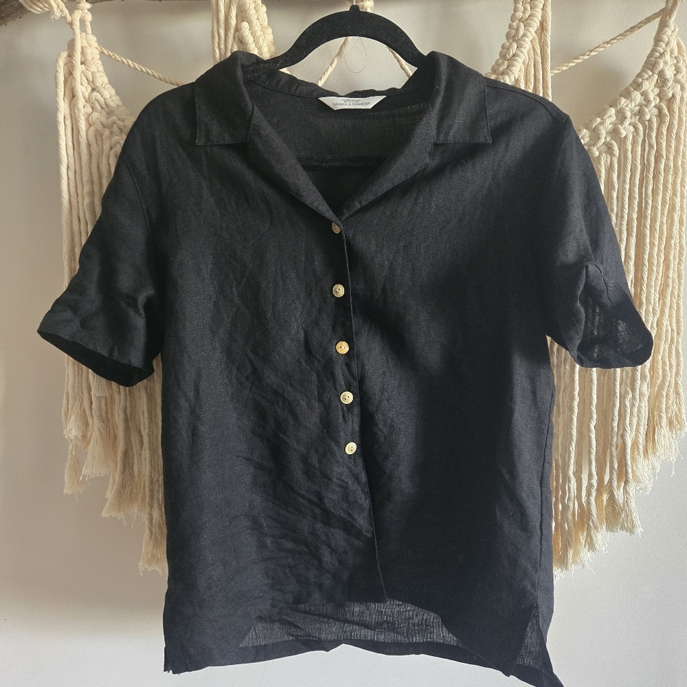 100% Linen Button Down Short Sleeve Black Top